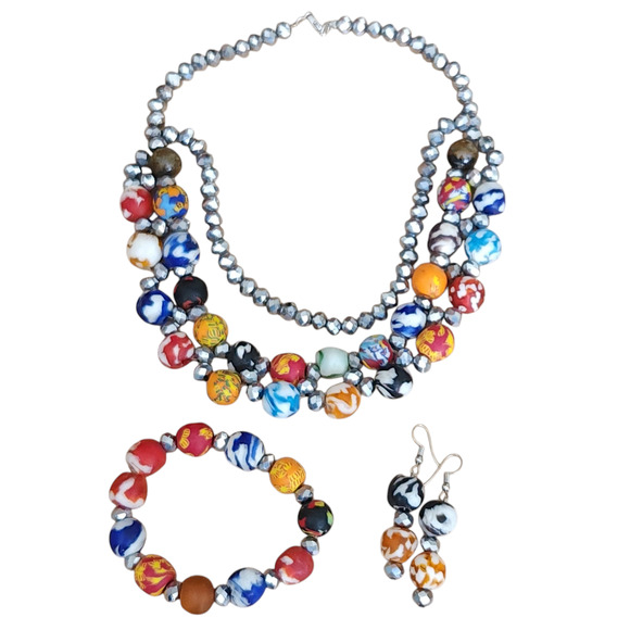 Hand Crafted Jewelry - set of 3 AFRICAN handmade trade bead choker statement necklace bracelet earrings